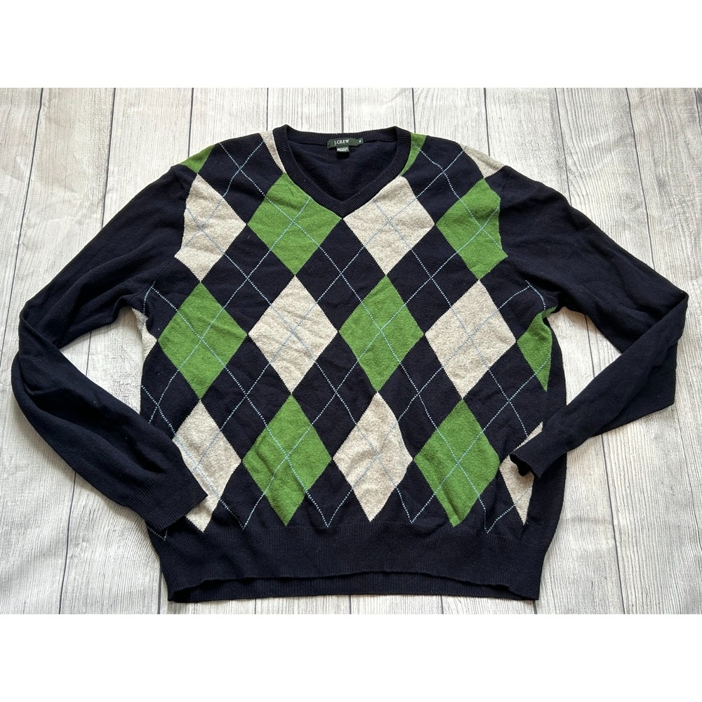J. Crew Sweater Mens‎ XL Navy Green Argyle Cotton Cashmere Preppy Classic